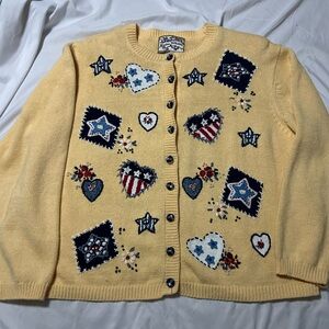 Heirloom Collectibles 2002 Vtg Yellow Sweater Cardigan Patchwork Patriotic Sz XL